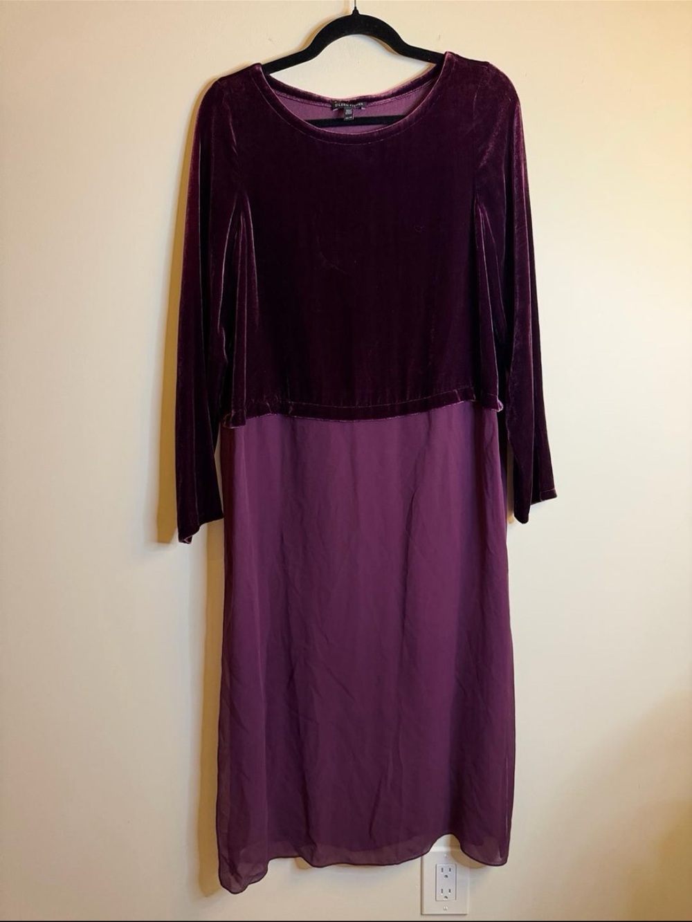 Eileen Fisher Two-Tone Velvet & Chiffon Long Sleeve Dress in Deep Plum